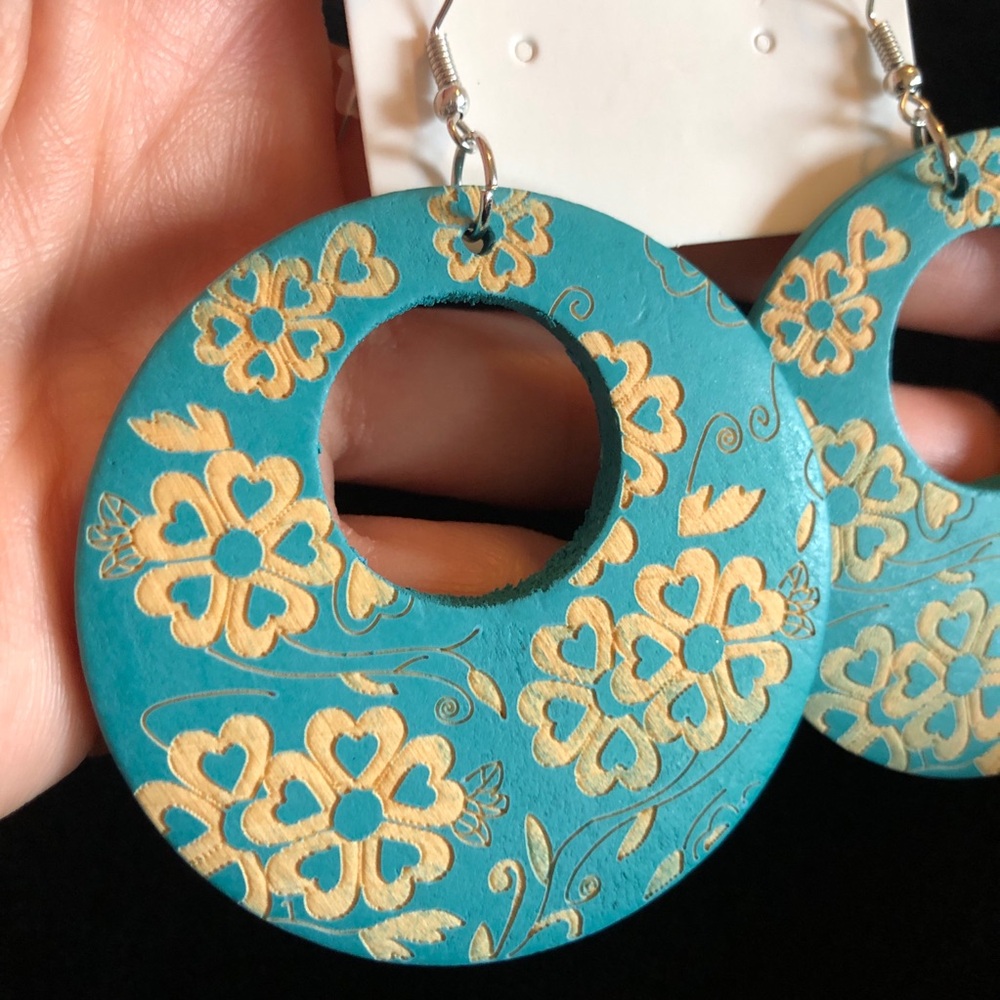 Floral Teal Blue and Tan Round Wooden Earrings - Picture 2 of 7